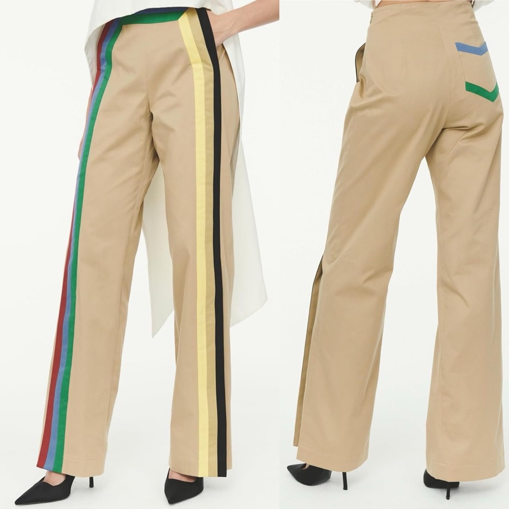 Chic Tan Wide Leg Pants with Multicolor Stripes